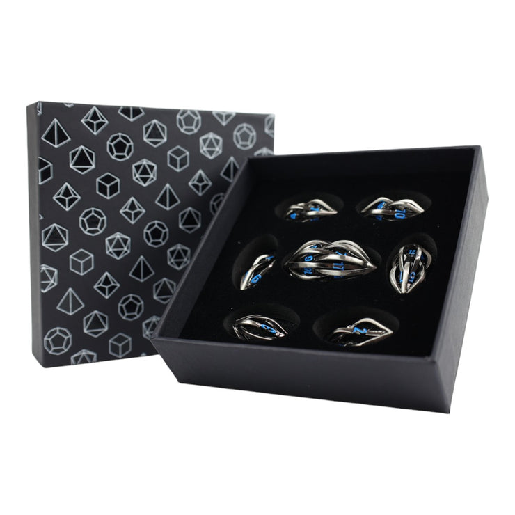 Hollow Elliptic Stainless and Blue - Metal RPG Dice Set (LPG)