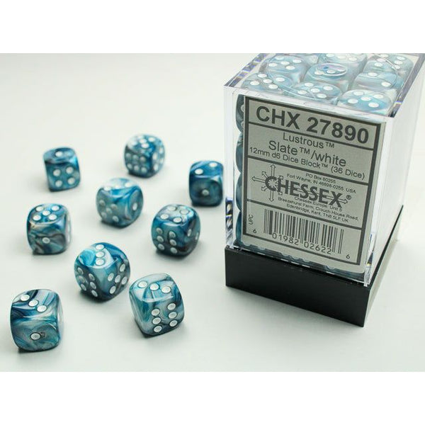 Lustrous 12mm D6 Slate/White (36) (CHX27890)